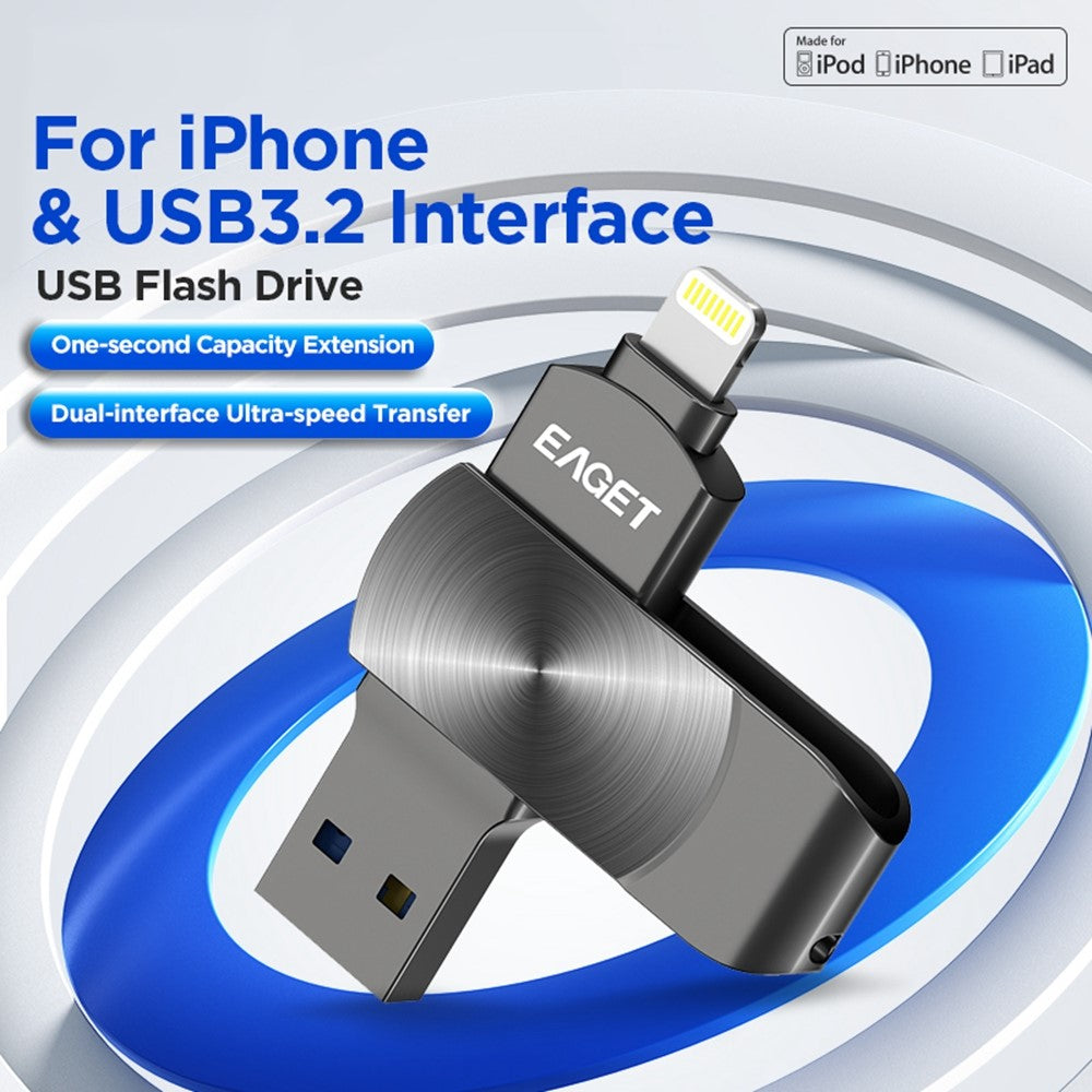 EAGET I66 128 GB U Disk MFI-certificeret Lightning + USB 3.2 Metalroterende Flashdrev til iPhone iPad Mac