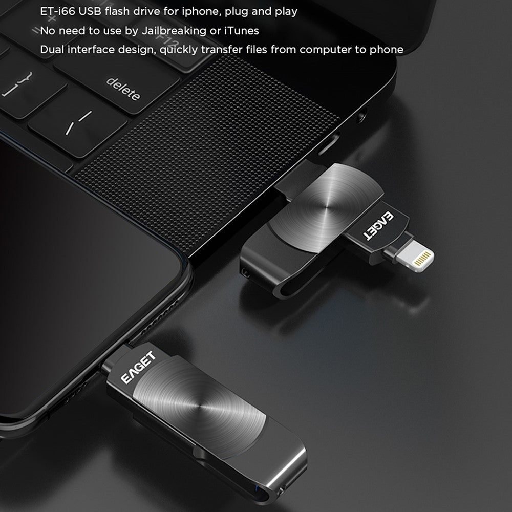 EAGET I66 128 GB U Disk MFI-certificeret Lightning + USB 3.2 Metalroterende Flashdrev til iPhone iPad Mac