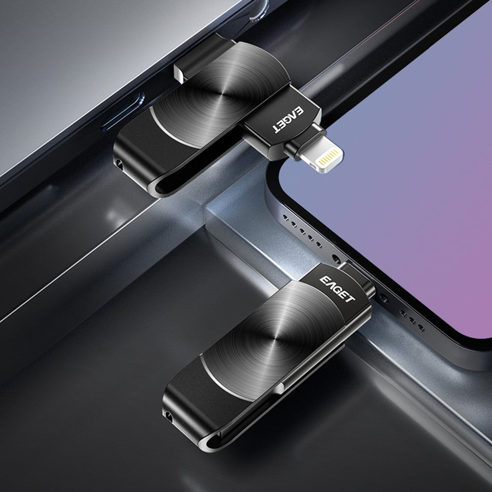 EAGET I66 256GB U Disk MFI-certificeret Lightning + USB 3.2 Metal Roterende Flashdrev til iPhone iPad Mac