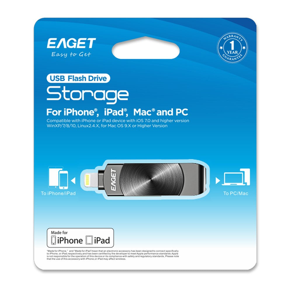 EAGET I66 256GB U Disk MFI-certificeret Lightning + USB 3.2 Metal Roterende Flashdrev til iPhone iPad Mac