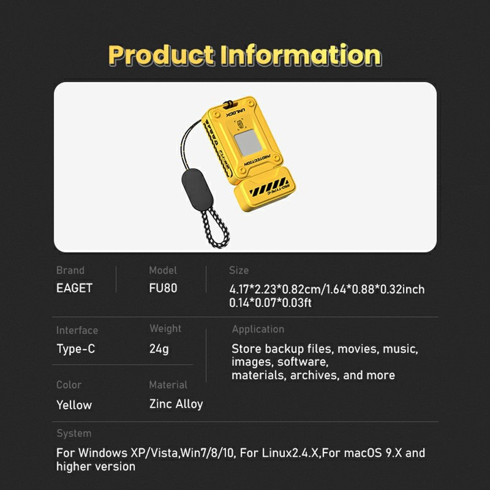 EAGET FU80 256GB Type-C Flash Drive Zinc Alloy Fingerprint Encryption 256-bit AES Portable U Disk