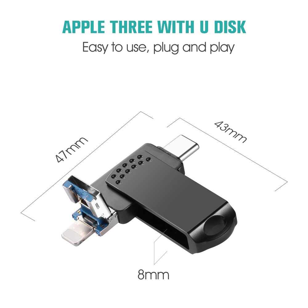 RICHWELL 128GB Type-C / iP / USB 3-i-1 Swivel Hukommelsesstick USB 3.0 Flashdrev