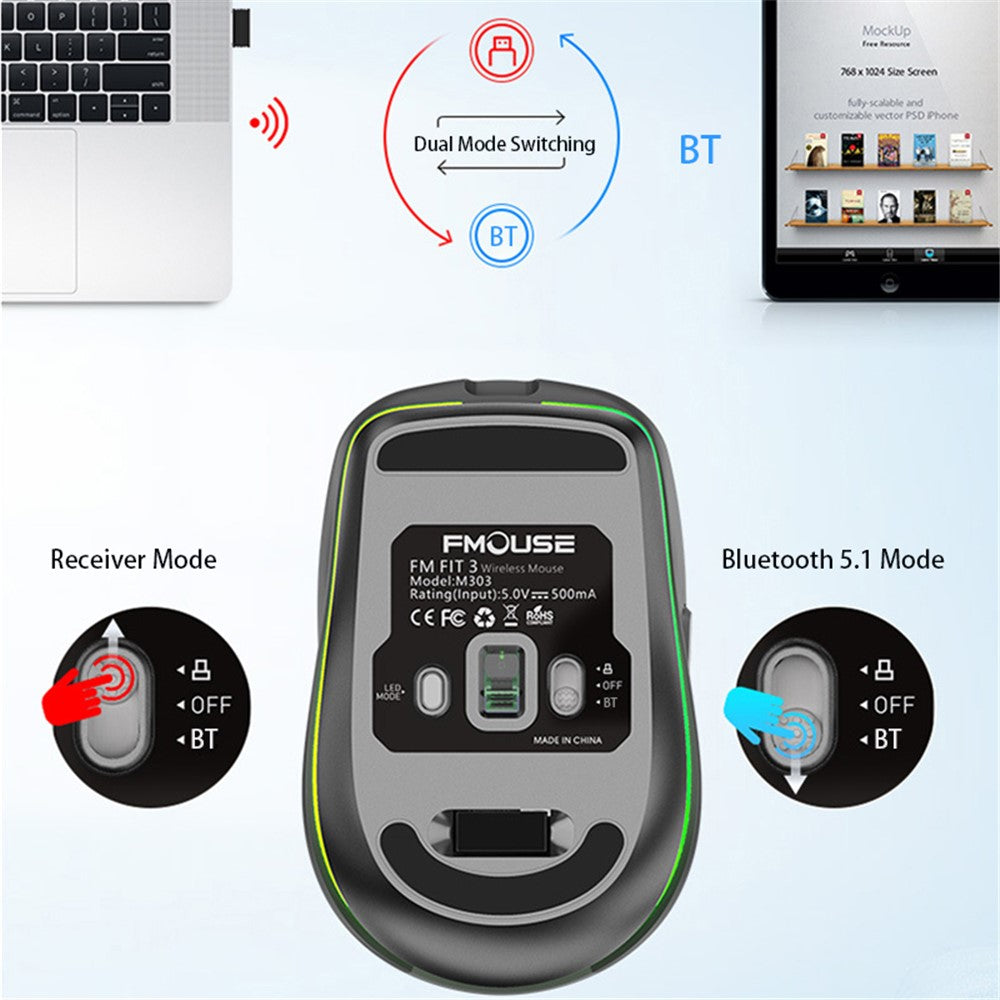 FMOUSE M303 trådløs Bluetooth-kompatibel mus med dobbelt tilstand (Bluetooth-kompatibel 5.1 + USB) 2,4 GHz Bluetooth-kompatibel trådløs mus, genopladelig, lydløs computermus til gaming med RGB-lys