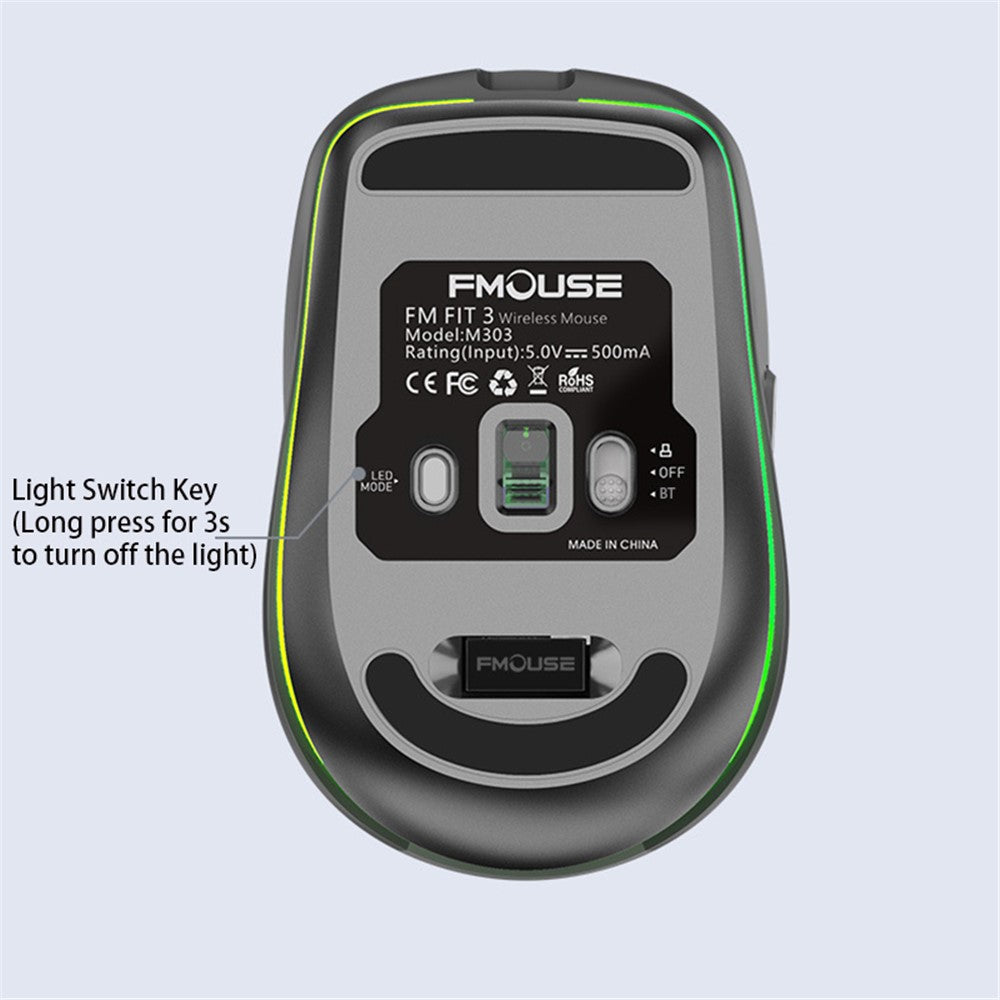 FMOUSE M303 trådløs Bluetooth-kompatibel mus med dobbelt tilstand (Bluetooth-kompatibel 5.1 + USB) 2,4 GHz Bluetooth-kompatibel trådløs mus, genopladelig, lydløs computermus til gaming med RGB-lys