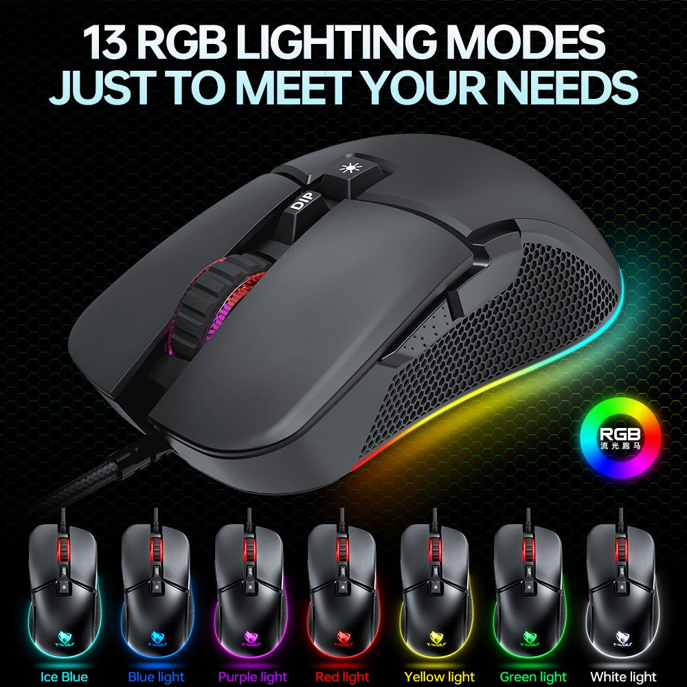 T-WOLF G590 USB Wired Gaming Mouse RGB Light 800-7200DPI ABS Computer Laptop Mice