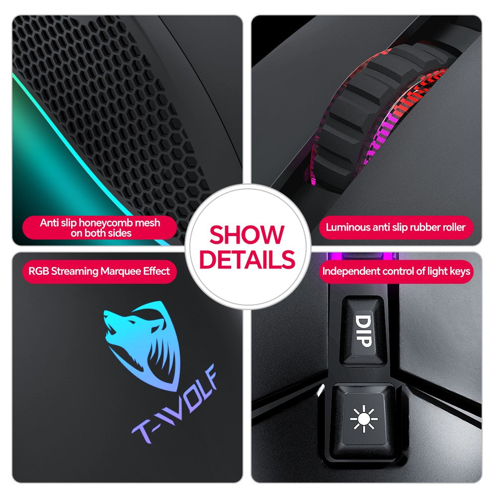 T-WOLF G590 USB Wired Gaming Mouse RGB Light 800-7200DPI ABS Computer Laptop Mice