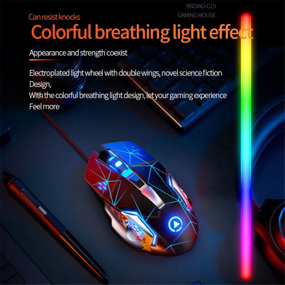 YINDIAO G15 1200 / 1800 / 2400 / 3600 Adjustable DPI 6 Keys Mechanical Gaming USB Wired Mouse, Silent Version