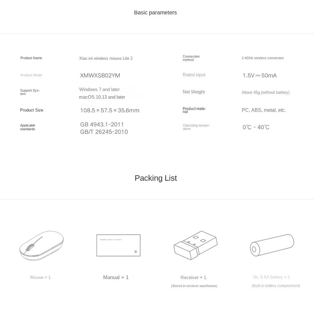 XIAOMI Lite 2 MWXSB02YM 2.4GHz 1000DPI Ergonomic Optical Mouse Gaming Mice (Chinese Version)