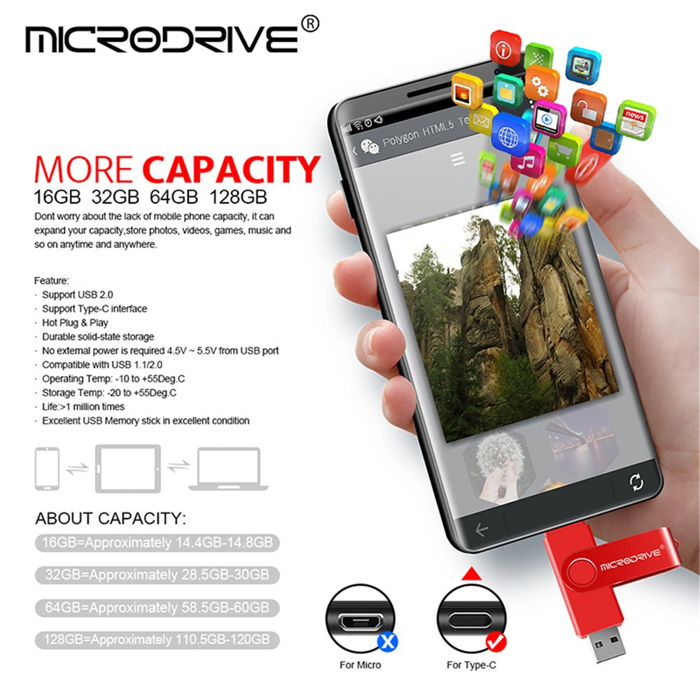 MICRODRIVE USB 2.0 + Type-C 2-in-1 Metal Flash Drive Rotating OTG 32GB USB Memory Stick