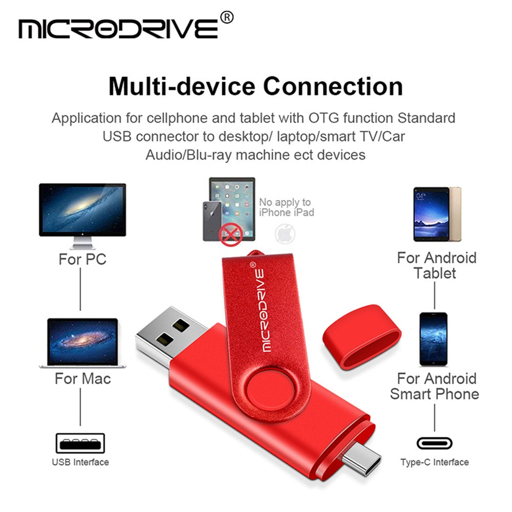 MICRODRIVE USB 2.0 + Type-C 2-in-1 Metal Flash Drive Rotating OTG 32GB USB Memory Stick