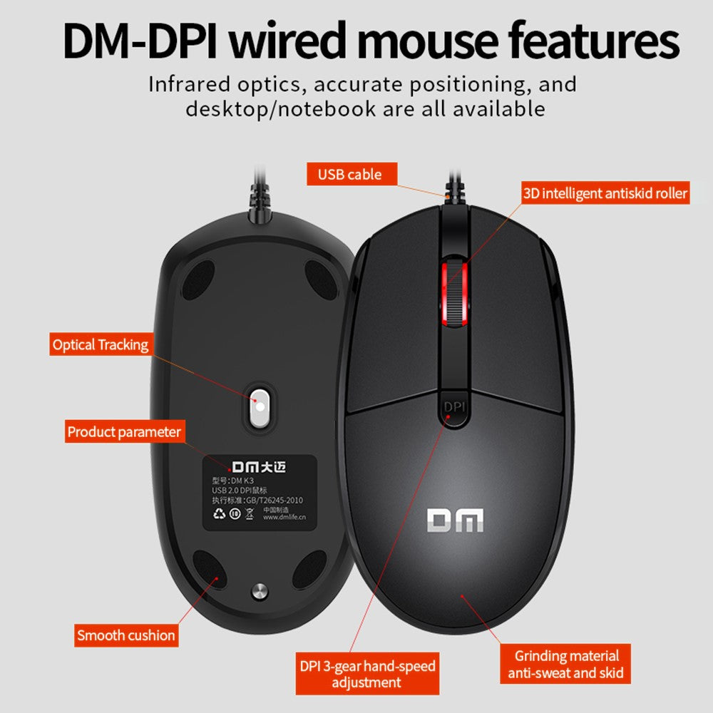 K3 Wired USB Cable Ergonomic Laptop Computer Mouse for Home and Office