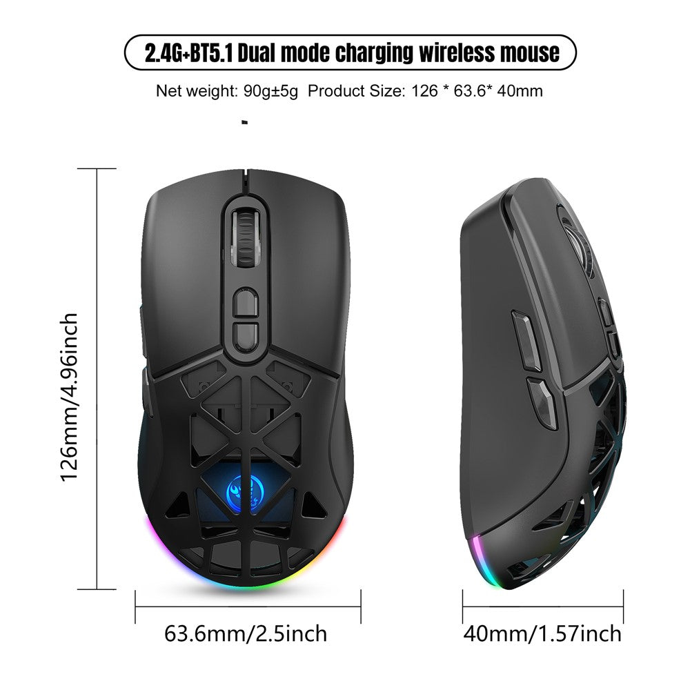 HXSJ T26  Wireless Mouse Bluetooth5.1 + 2.4Ghz Dual Modes 4800 DPI RGB Backlit Mouse