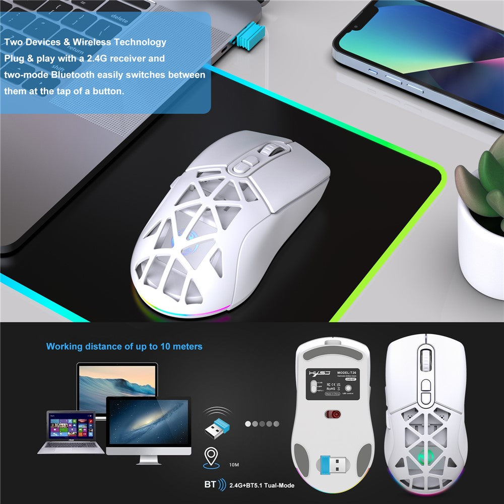 HXSJ T26  Wireless Mouse Bluetooth5.1 + 2.4Ghz Dual Modes 4800 DPI RGB Backlit Mouse