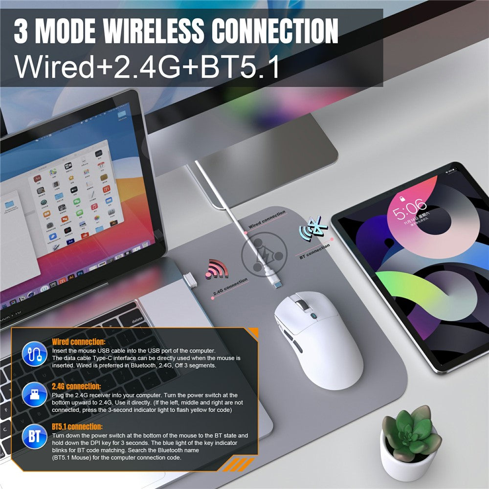 HXSJ T68 3-Mode Lightweight Gaming Mouse PAW-3311 6-Key Programmable TTC 12000DPI Wireless Mouse