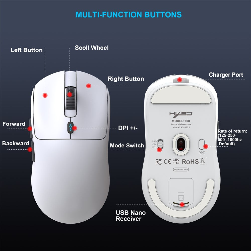 HXSJ T68 3-Mode Lightweight Gaming Mouse PAW-3311 6-Key Programmable TTC 12000DPI Wireless Mouse