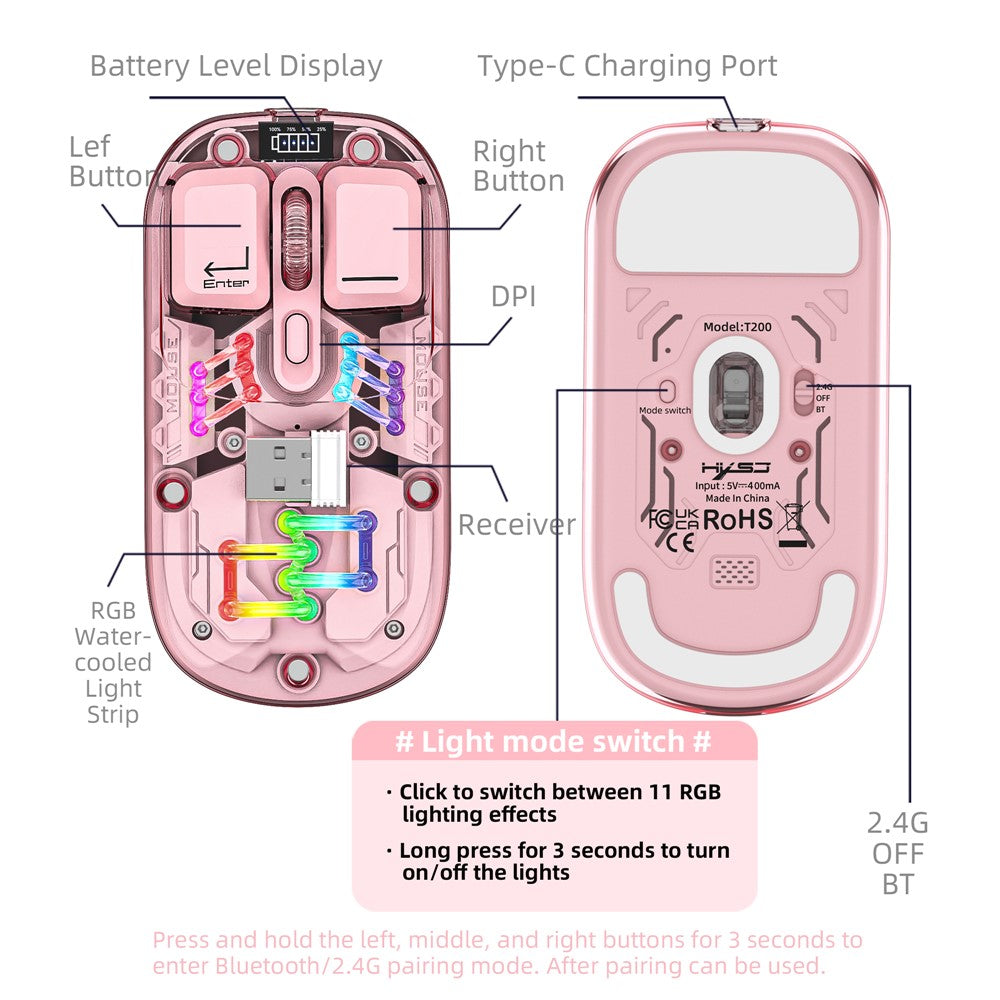 HXSJ T200 Wireless Bluetooth-compatible Mouse LED Rechargeable 2 Modes (Bluetooth-compatible + 2.4Ghz) Clear Ergonomic Mice