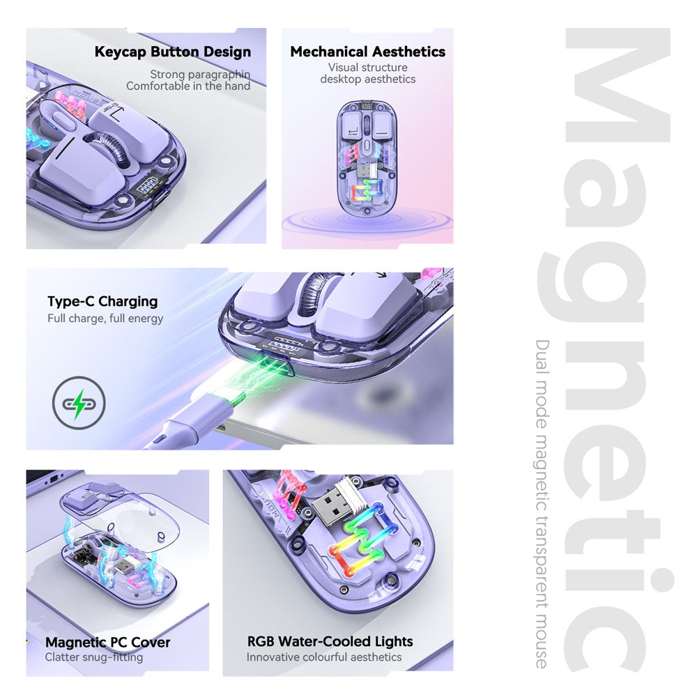 HXSJ T200 Wireless Bluetooth-compatible Mouse LED Rechargeable 2 Modes (Bluetooth-compatible + 2.4Ghz) Clear Ergonomic Mice