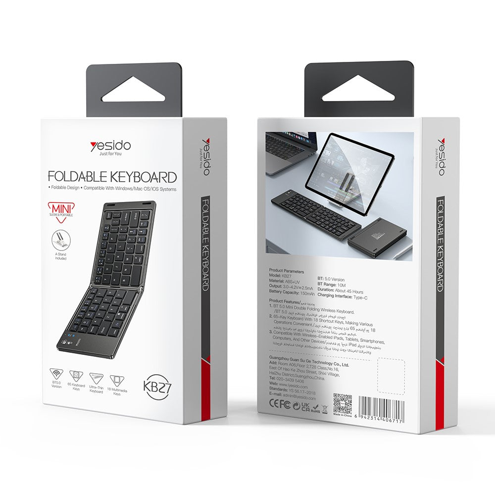 YESIDO KB27 Ultratynd Mini To-fold Bluetooth-kompatibelt Tastatur til Macos Windows Ios, Engelsk + Arabisk