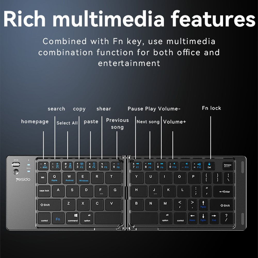 YESIDO KB27 Ultratynd Mini To-fold Bluetooth-kompatibelt Tastatur til Macos Windows Ios, Engelsk + Arabisk