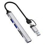 WIWU HB003 5-i-1 Multifunktionshub USB + Type C til USB 3.0 / 2x USB 2.0 / SD- og TF-kortlæser Udvidelsesdock