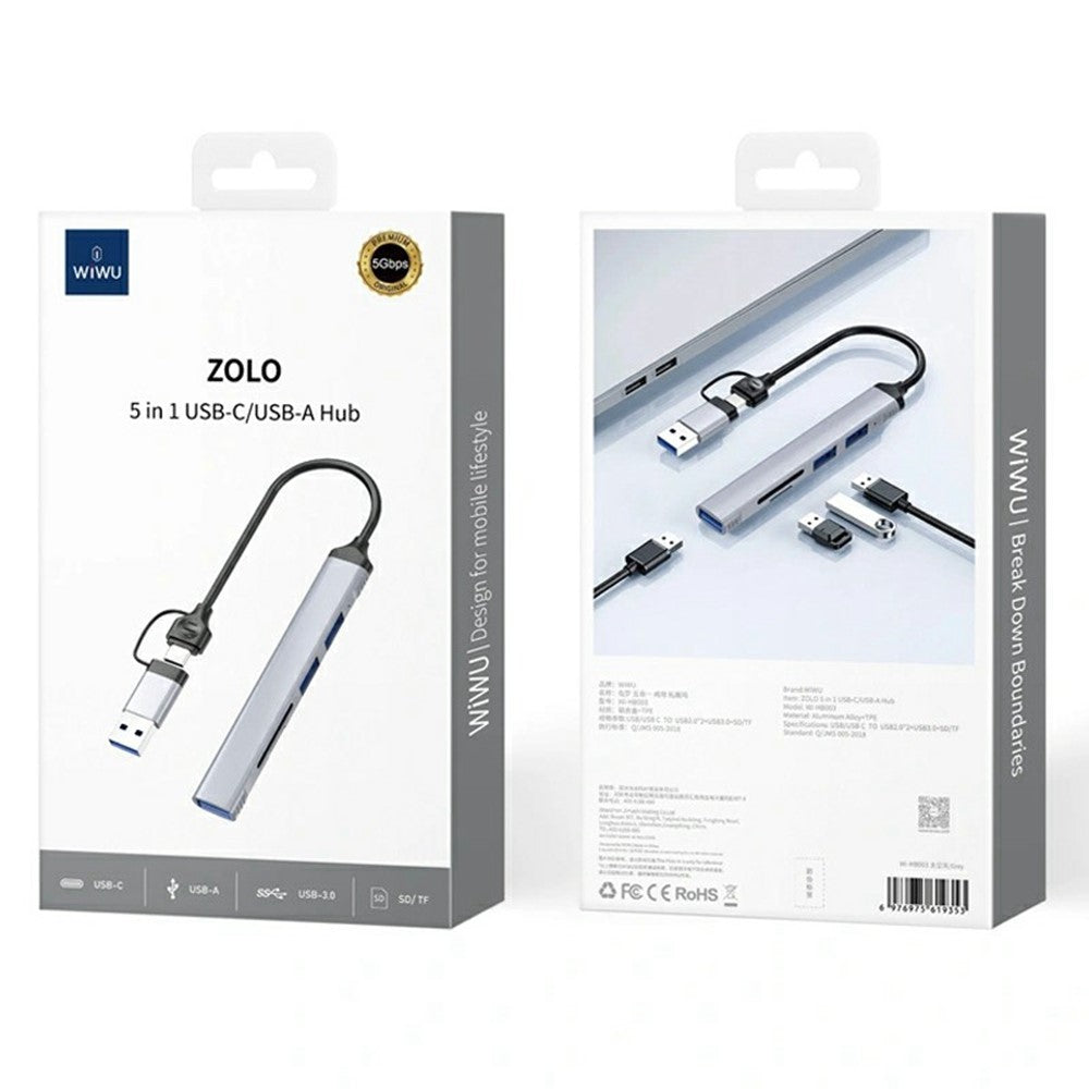 WIWU HB003 5-i-1 Multifunktionshub USB + Type C til USB 3.0 / 2x USB 2.0 / SD- og TF-kortlæser Udvidelsesdock