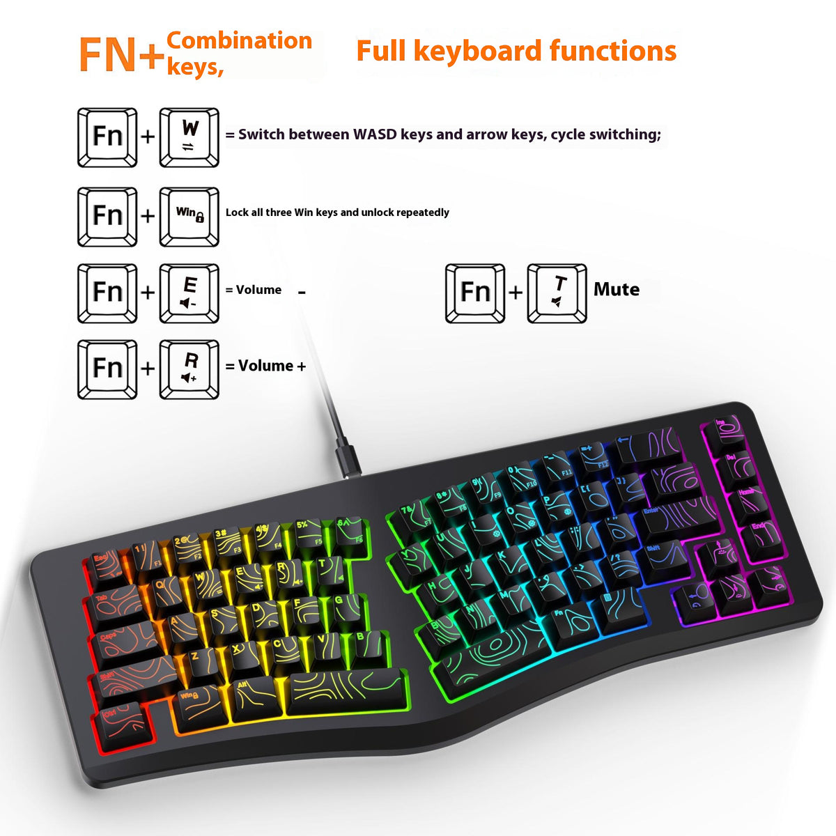 Y-FRUITFUL YF10 Ergonomisk Gaming Tastatur 69-tast RGB Baggrundsbelyst Kablet Membrantastatur til Kontor/Gaming