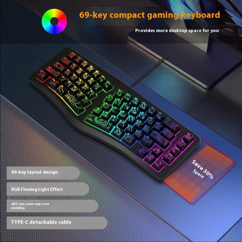 Y-FRUITFUL YF10 Ergonomisk Gaming Tastatur 69-tast RGB Baggrundsbelyst Kablet Membrantastatur til Kontor/Gaming