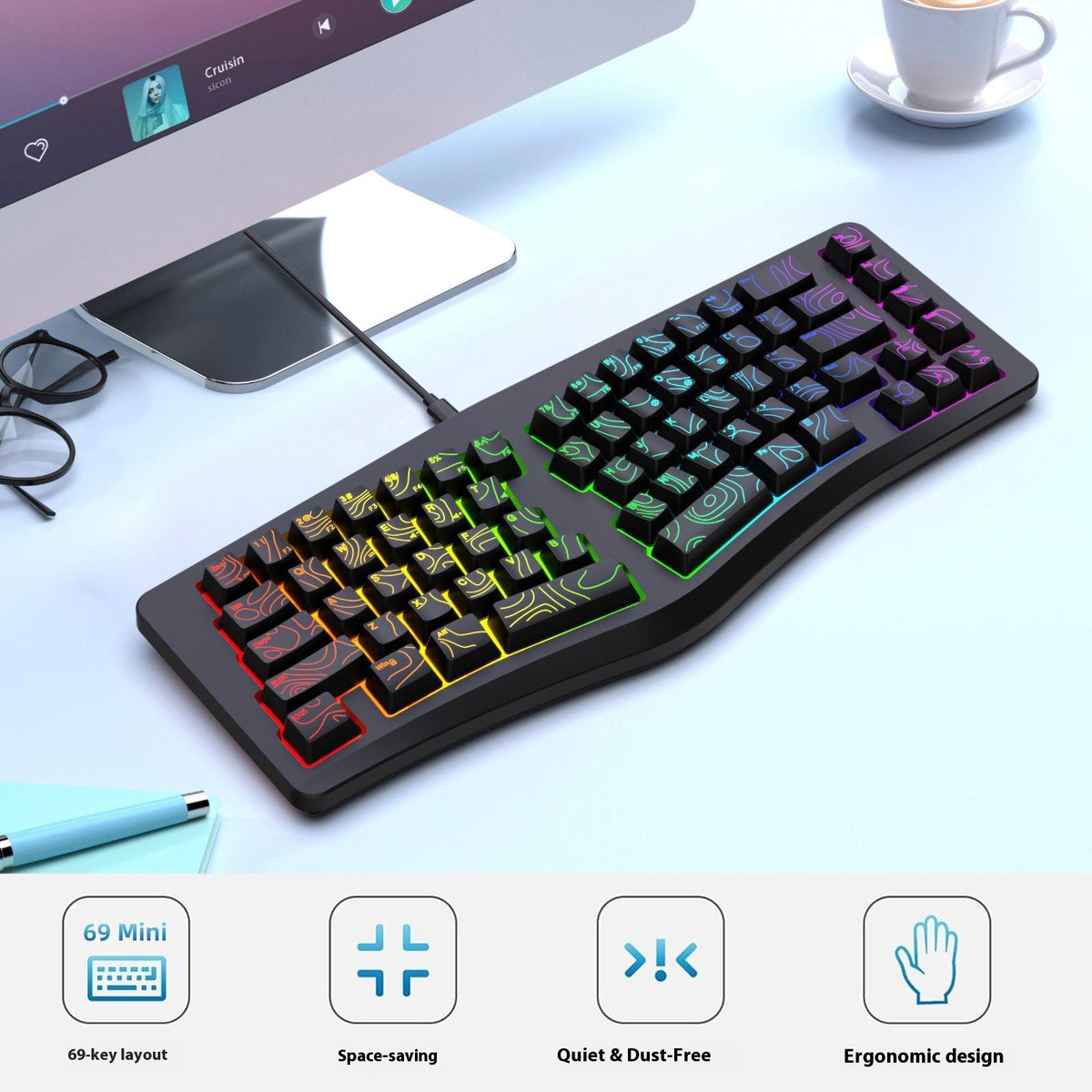 Y-FRUITFUL YF10 Ergonomisk Gaming Tastatur 69-tast RGB Baggrundsbelyst Kablet Membrantastatur til Kontor/Gaming