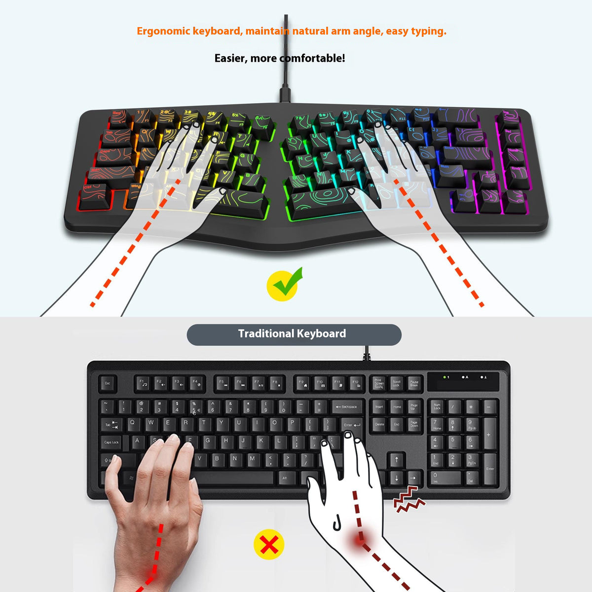 Y-FRUITFUL YF10 Ergonomisk Gaming Tastatur 69-tast RGB Baggrundsbelyst Kablet Membrantastatur til Kontor/Gaming
