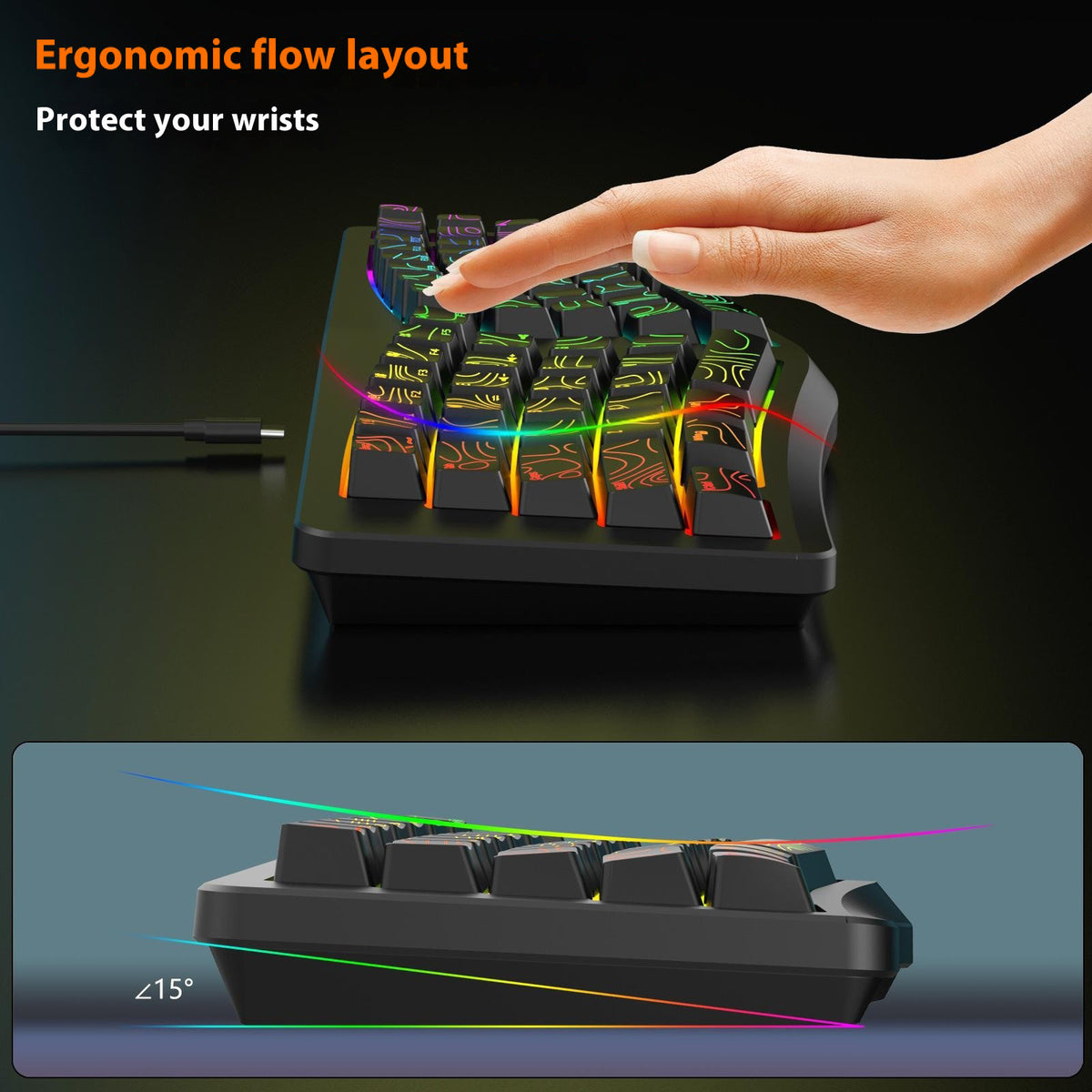 Y-FRUITFUL YF10 Ergonomisk Gaming Tastatur 69-tast RGB Baggrundsbelyst Kablet Membrantastatur til Kontor/Gaming