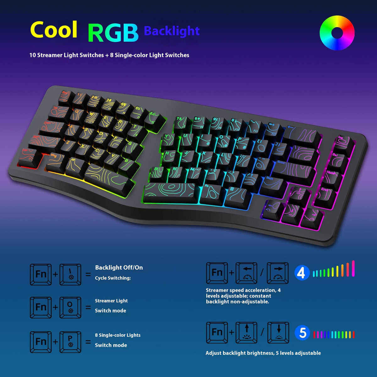 Y-FRUITFUL YF10 Ergonomisk Gaming Tastatur 69-tast RGB Baggrundsbelyst Kablet Membrantastatur til Kontor/Gaming