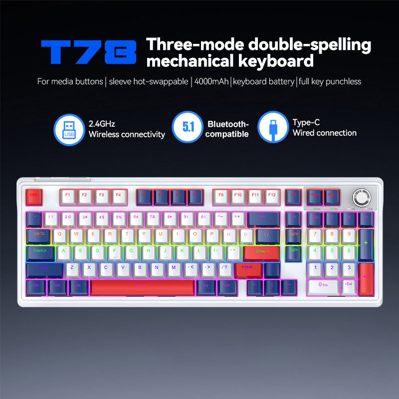 T-WOLF T78 Mekanisk Tastatur 99 Taster Triple Mode Gaming Tastatur med RGB Baggrundsbelysning til PC / Mac / iPad
