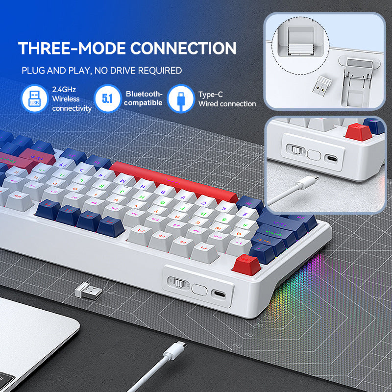 T-WOLF T78 Mekanisk Tastatur 99 Taster Triple Mode Gaming Tastatur med RGB Baggrundsbelysning til PC / Mac / iPad