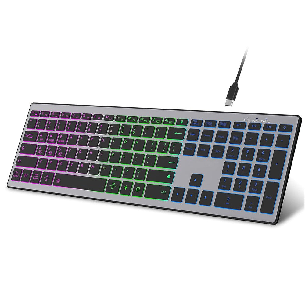 E15 Tre-tilstands trådløst tastatur 110 taster RGB-baggrundsbelysning Lydløst tastatur til kontor- og hjemmebrug