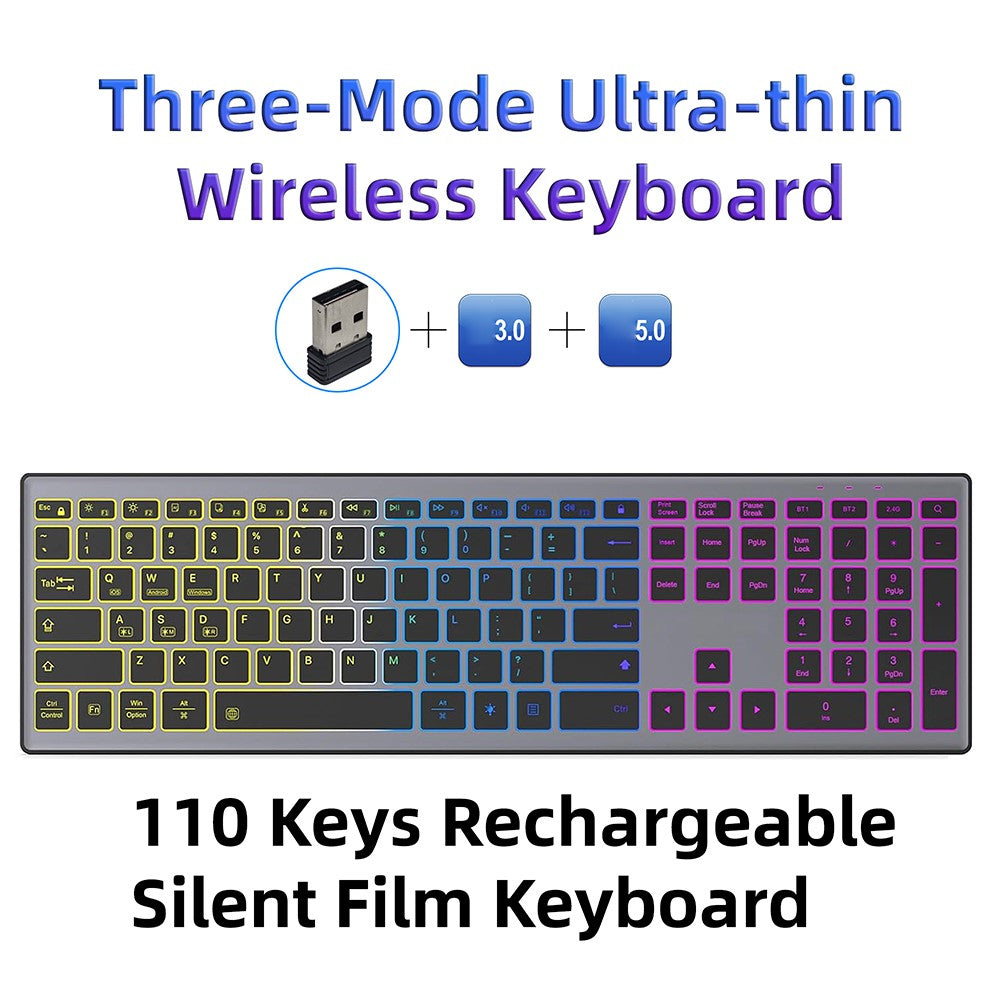 E15 Tre-tilstands trådløst tastatur 110 taster RGB-baggrundsbelysning Lydløst tastatur til kontor- og hjemmebrug