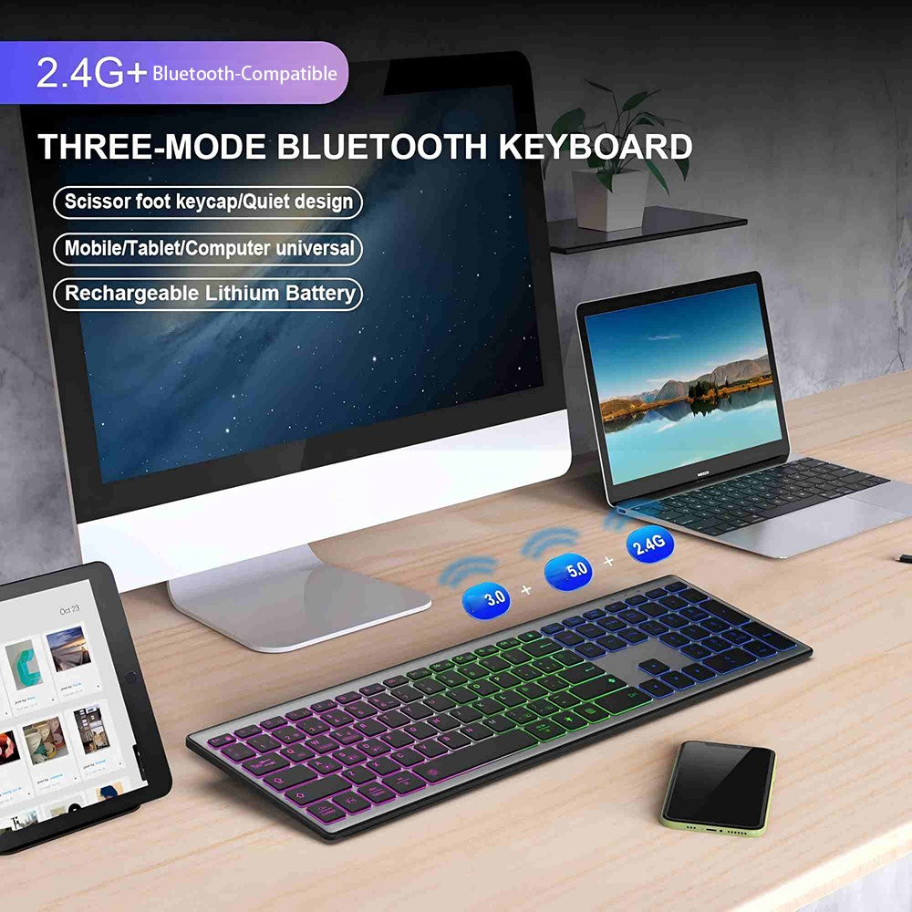 E15 Tre-tilstands trådløst tastatur 110 taster RGB-baggrundsbelysning Lydløst tastatur til kontor- og hjemmebrug