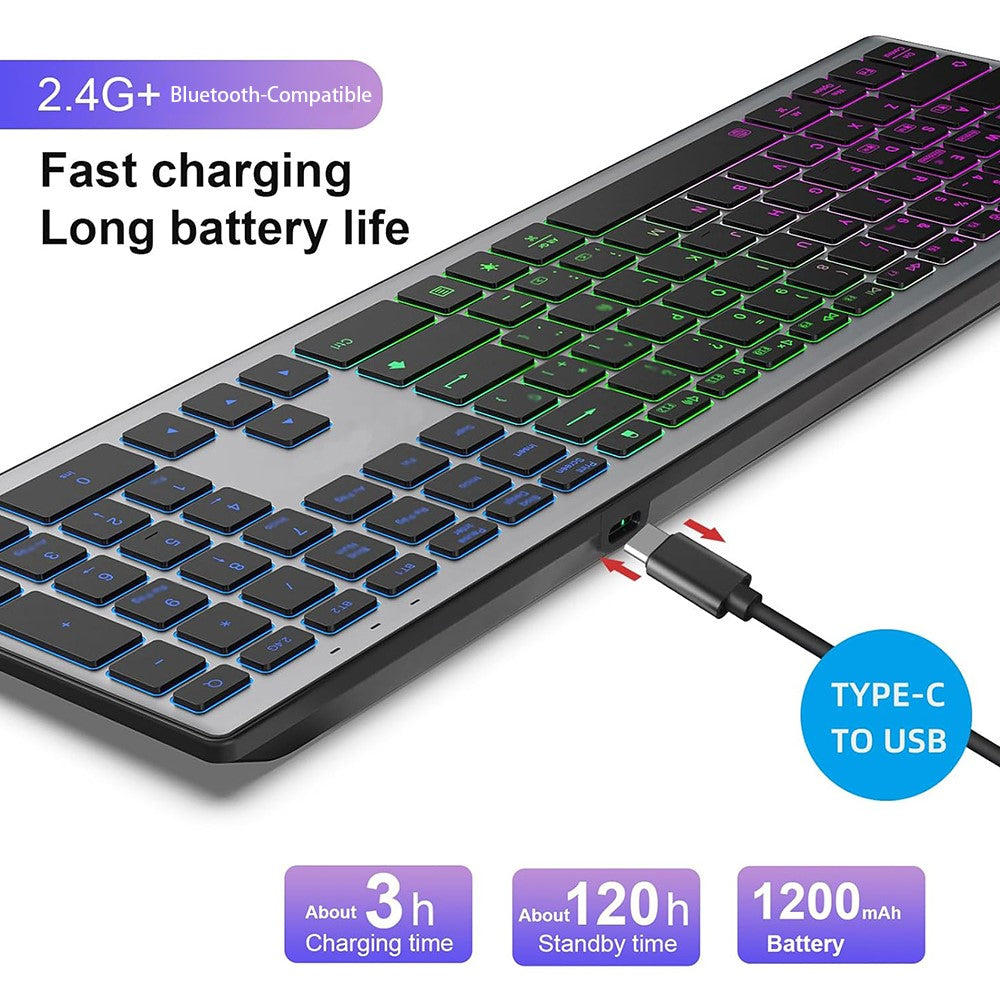 E15 Tre-tilstands trådløst tastatur 110 taster RGB-baggrundsbelysning Lydløst tastatur til kontor- og hjemmebrug