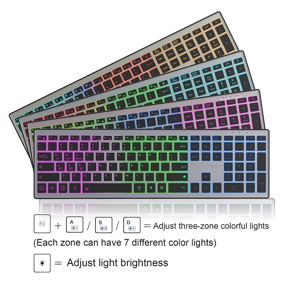 E15 Tre-tilstands trådløst tastatur 110 taster RGB-baggrundsbelysning Lydløst tastatur til kontor- og hjemmebrug
