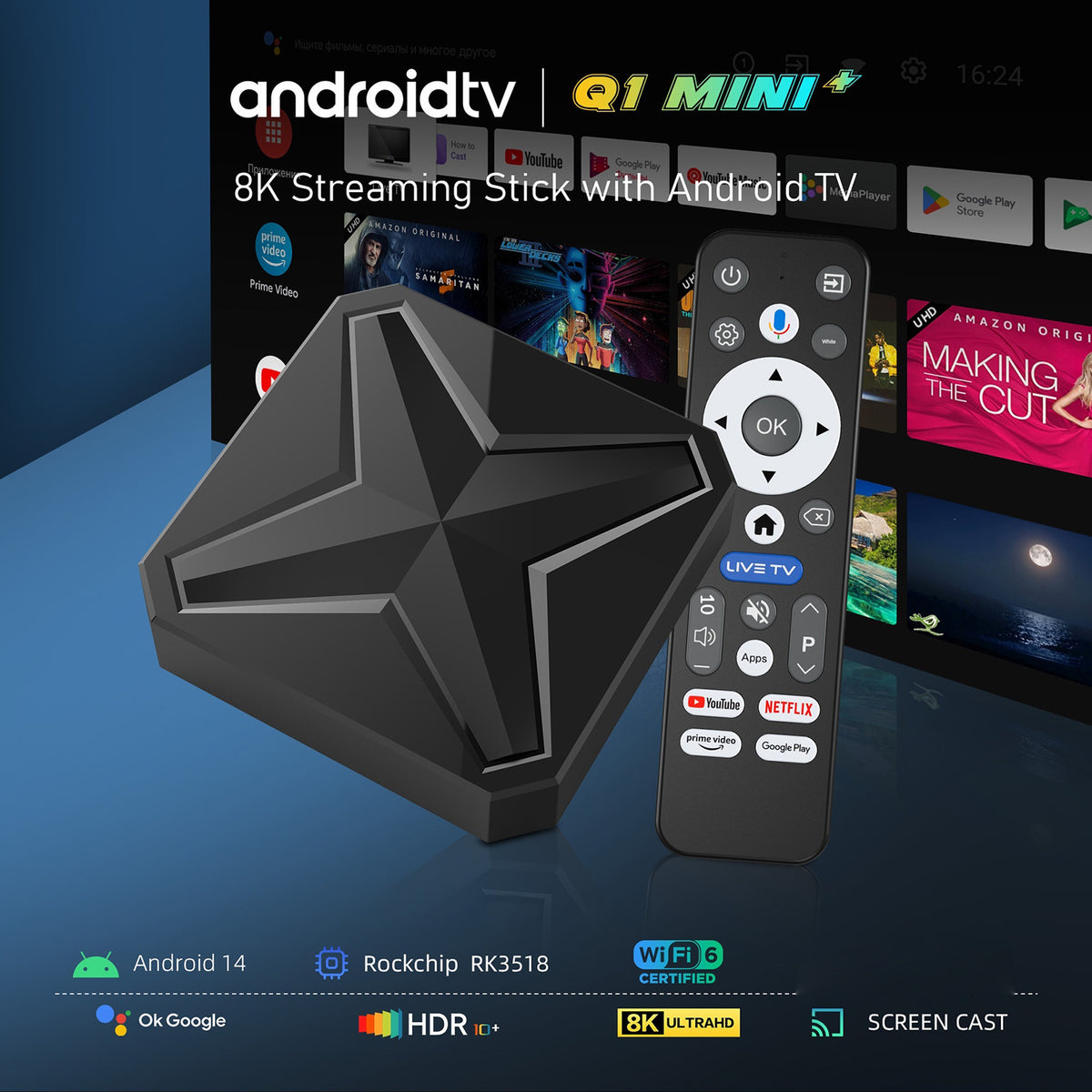 Q1MINI Android 14 TV Box RK3518 Quad Core 8K/60Hz HDR10+ WiFi 6 Bluetooth-kompatibel 5.4 Streaming Media Afspiller