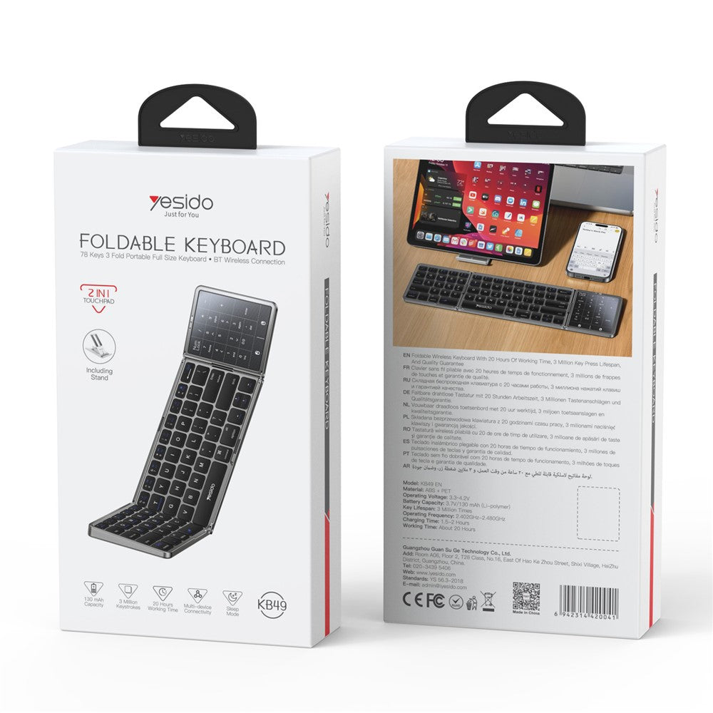 YESIDO KB49 Tri-fold Wireless Bluetooth-compatible Keyboard with Touchpad Numeric Keypad Keyboard for Phone Tablet PC