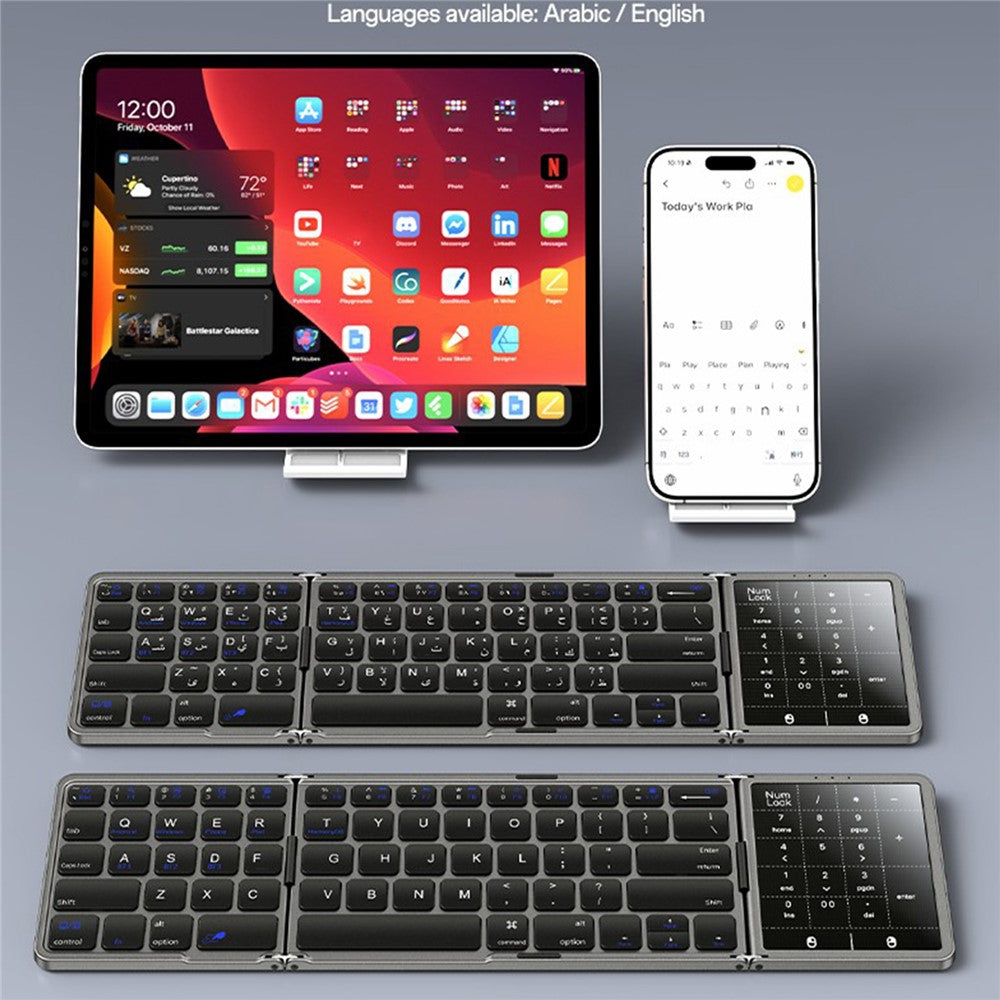 YESIDO KB49 Tri-fold Wireless Bluetooth-compatible Keyboard with Touchpad Numeric Keypad Keyboard for Phone Tablet PC