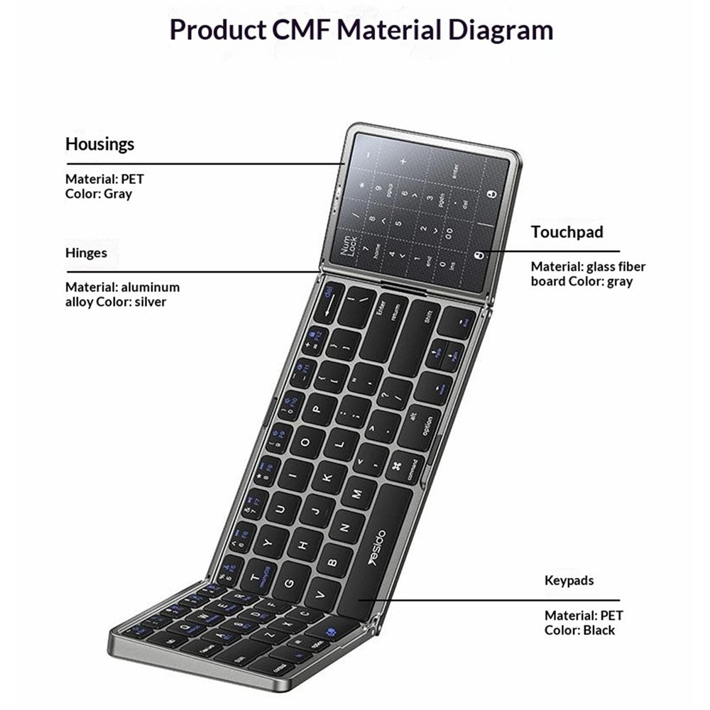 YESIDO KB49 Tri-fold Wireless Bluetooth-compatible Keyboard with Touchpad Numeric Keypad Keyboard for Phone Tablet PC