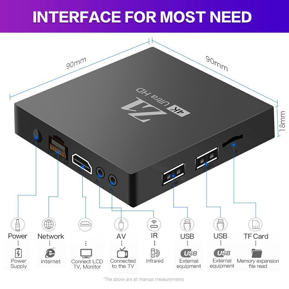 Z1 2+16GB Android 15.0 TV Box 4K Ultra HD WiFi 6 Dual Band 2.4G / 5G Bluetooth-kompatibel stemmefjernbetjening