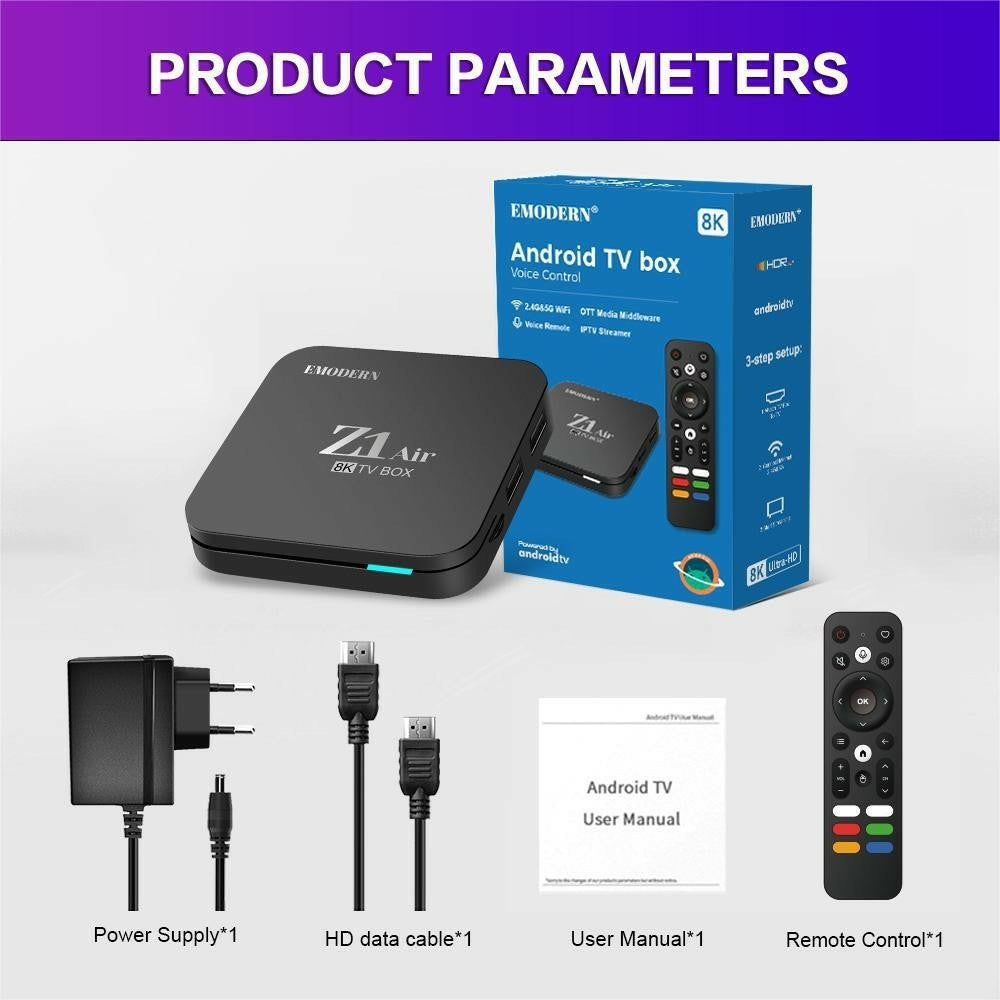 EMODERN Z1 AIR 2+16GB Android 15.0 TV Box 8K Ultra HD 2.4G / 5G WiFi Bluetooth-kompatibel stemmefjernbetjening