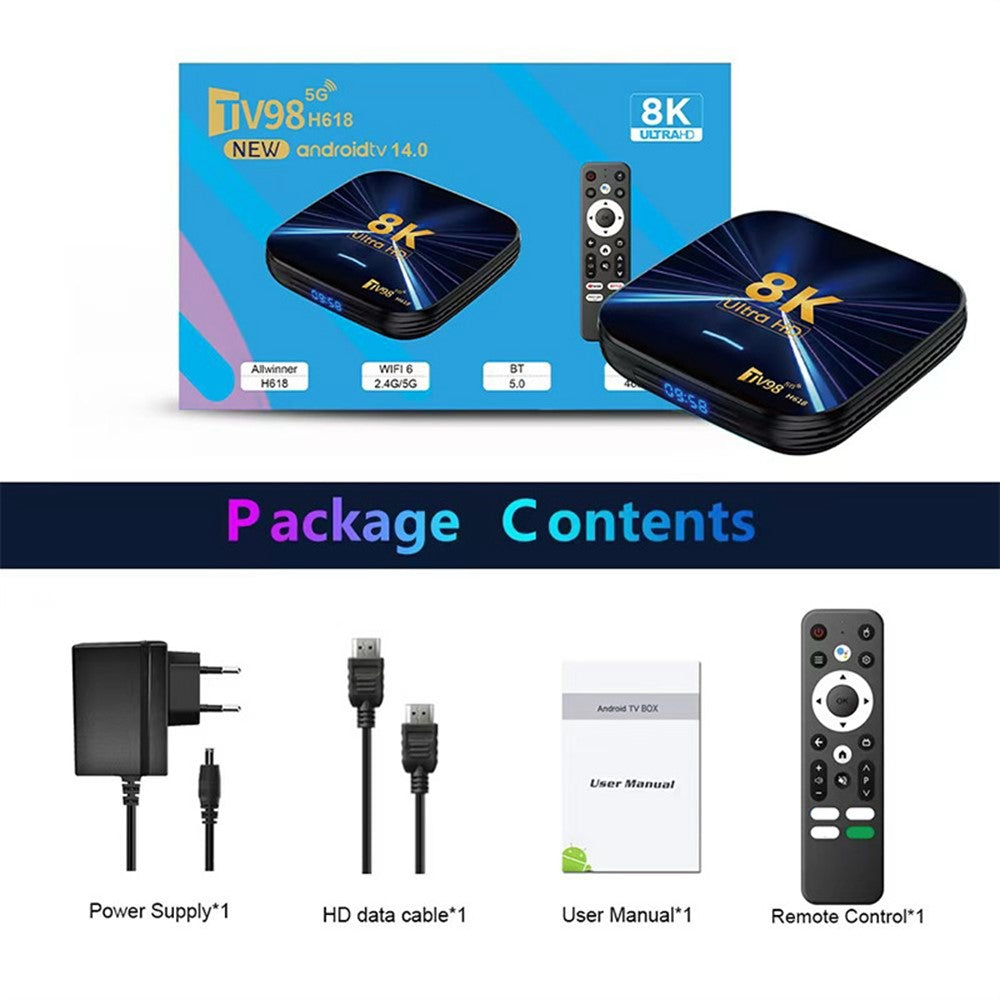 TV98 H618 4+32GB Android 14.0 TV-boks, 8K Ultra HD, dual-band WiFi, streamingmedieafspiller til hjemmeunderholdning
