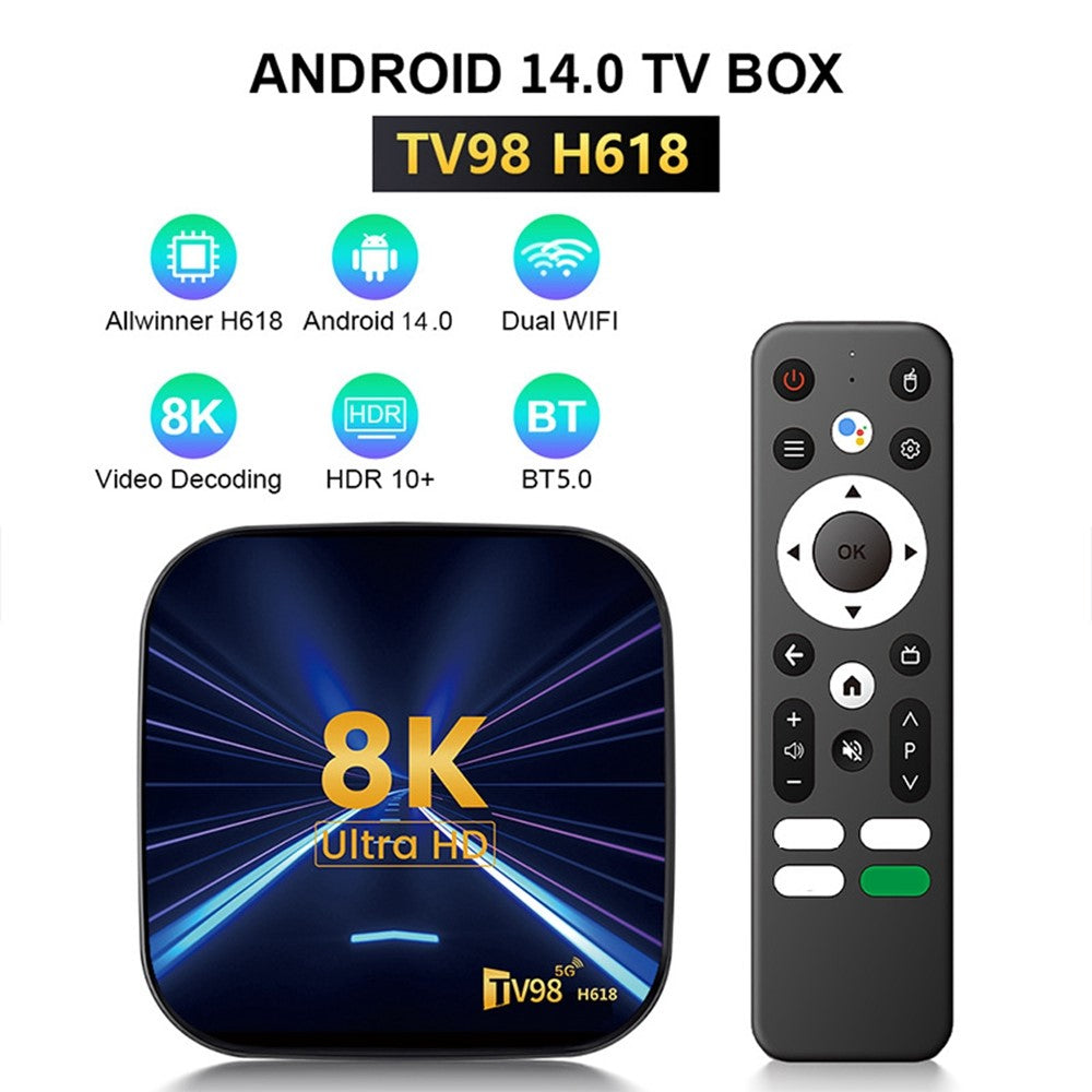 TV98 H618 4+32GB Android 14.0 TV-boks, 8K Ultra HD, dual-band WiFi, streamingmedieafspiller til hjemmeunderholdning