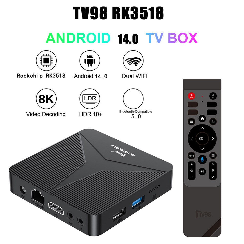 TV98 RK3518 Android TV Box Rockchip Quad Core 2+16GB Dual Band WiFi Bluetooth-kompatibel stemmefjernbetjening til Hjemmeunderholdning