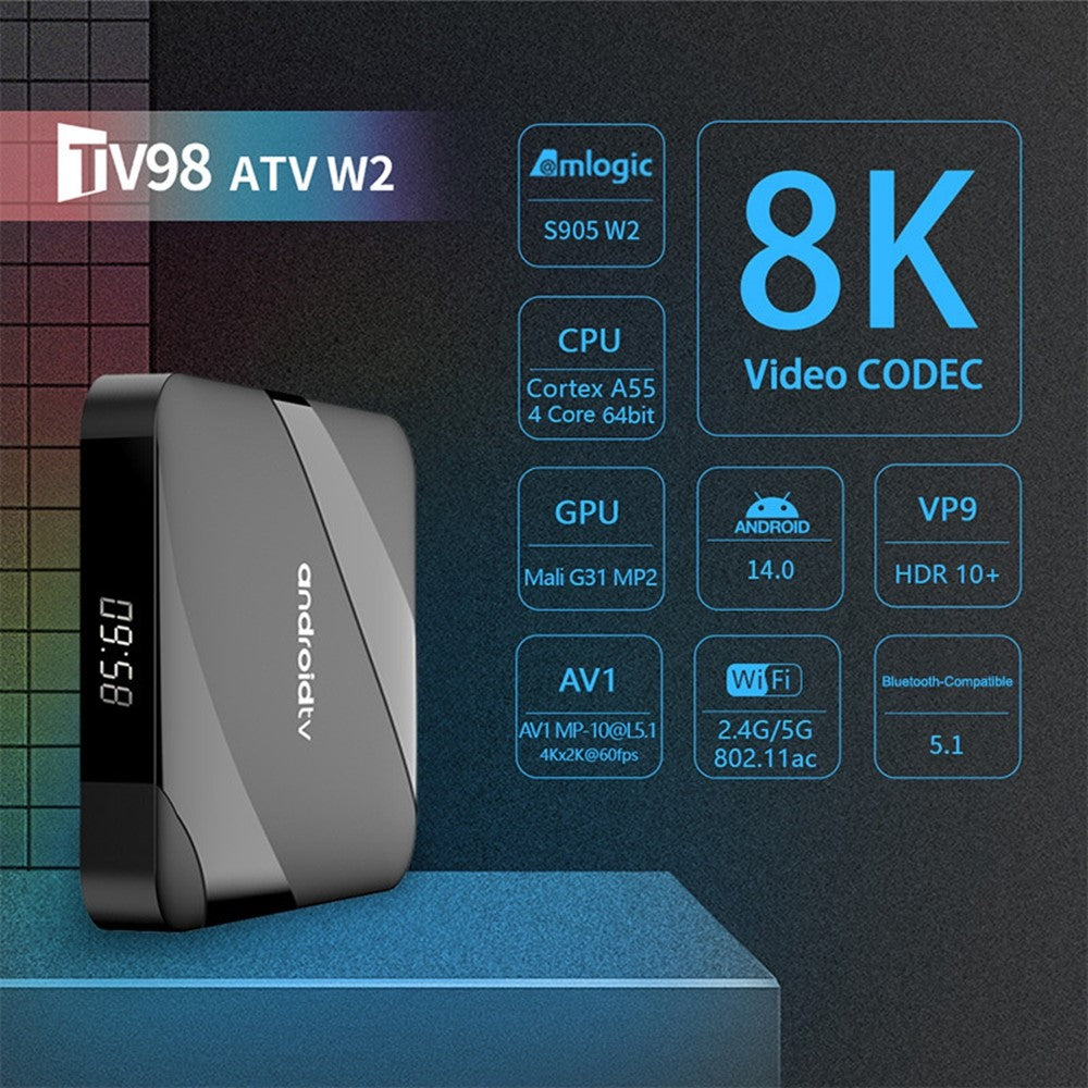 TV98 ATV W2 4+32GB Android 14.0 8K Smart TV-box Amlogic S905W2 Dubbelband WiFi Bluetooth-kompatibel 5.1 Röststyrd fjärrkontroll för streaming av media