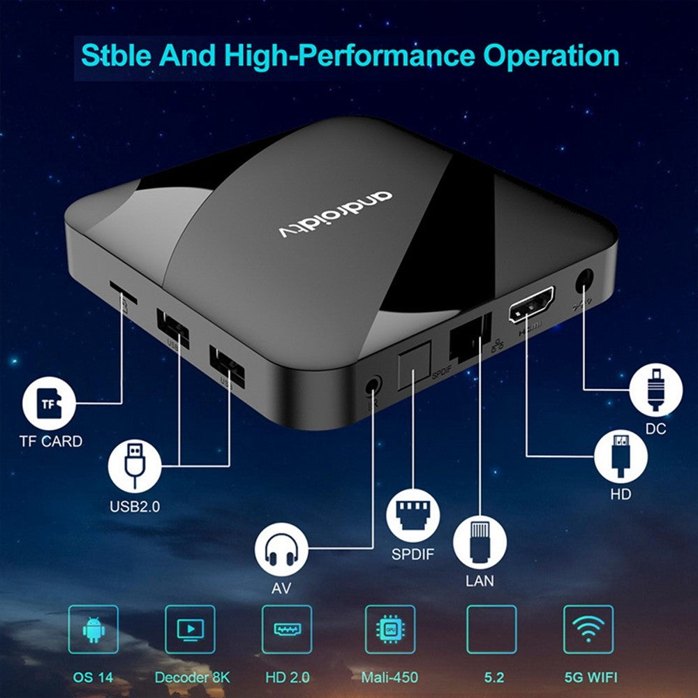TV98 ATV W2 4+32GB Android 14.0 8K Smart TV-box Amlogic S905W2 Dubbelband WiFi Bluetooth-kompatibel 5.1 Röststyrd fjärrkontroll för streaming av media