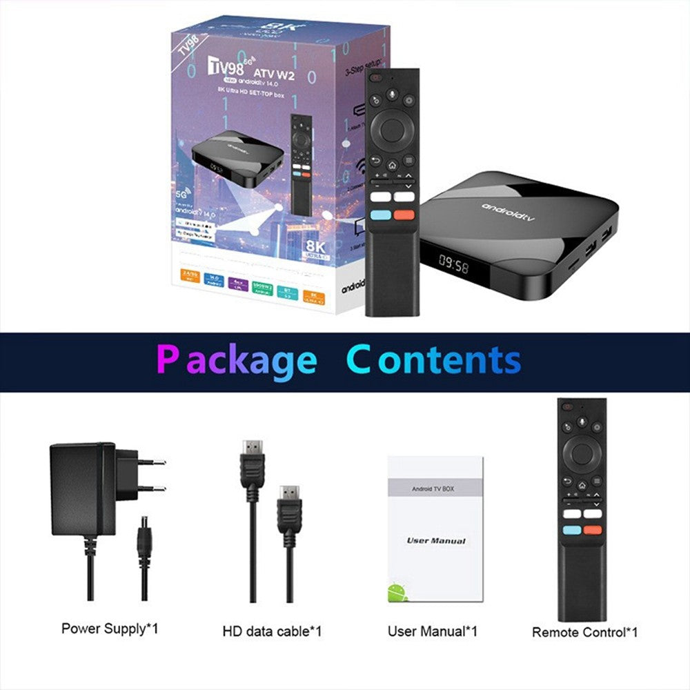 TV98 ATV W2 4+32GB Android 14.0 8K Smart TV-box Amlogic S905W2 Dubbelband WiFi Bluetooth-kompatibel 5.1 Röststyrd fjärrkontroll för streaming av media